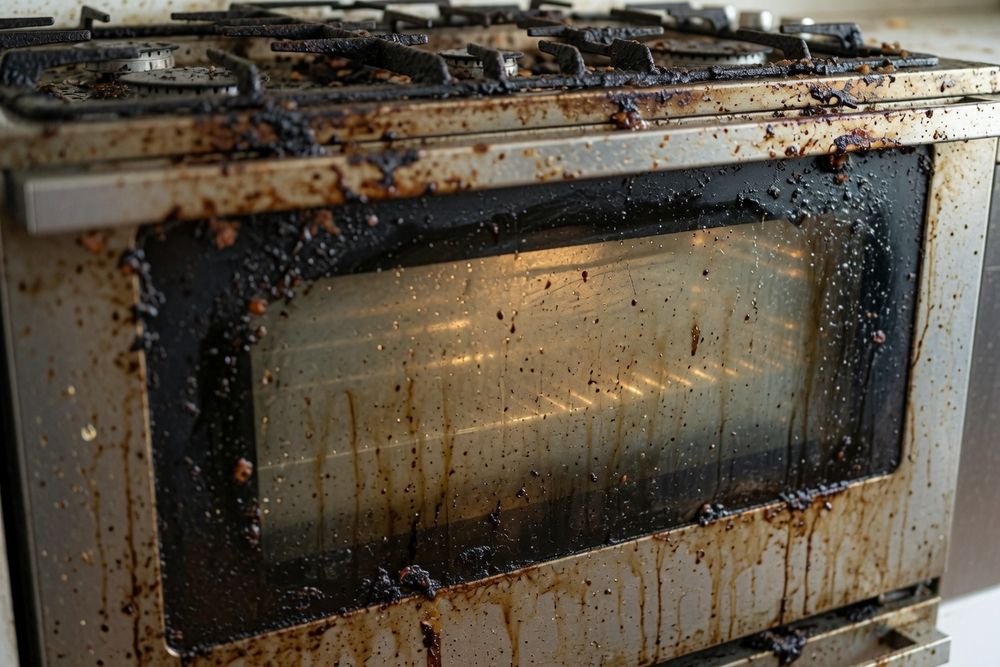 Zabrudzony piekarnik i plyta kuchenna przed czyszczeniem